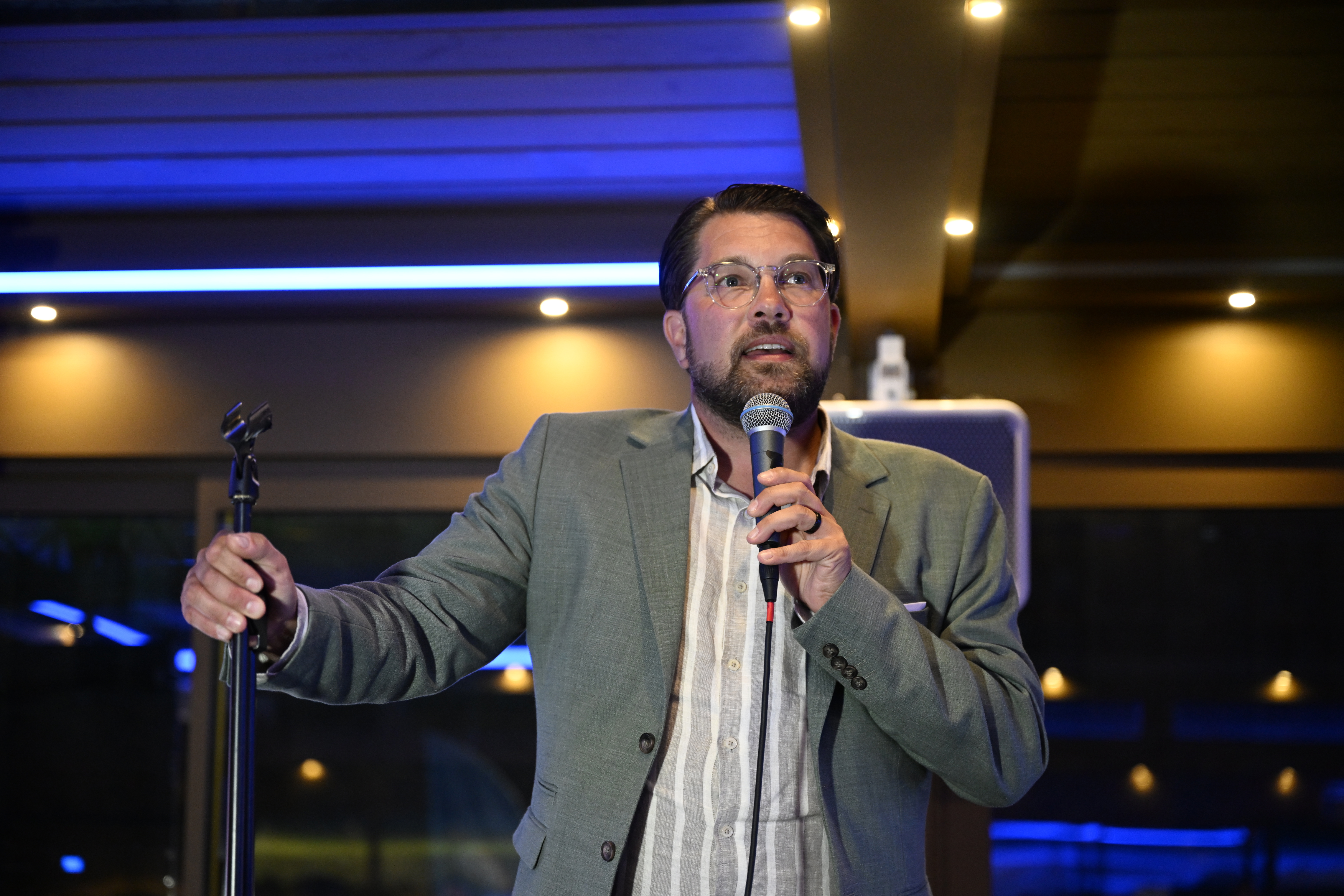 Sverigedemokraternas partiledare Jimmie Åkesson på partiets valvaka. Foto: Pontus Lundahl/TT