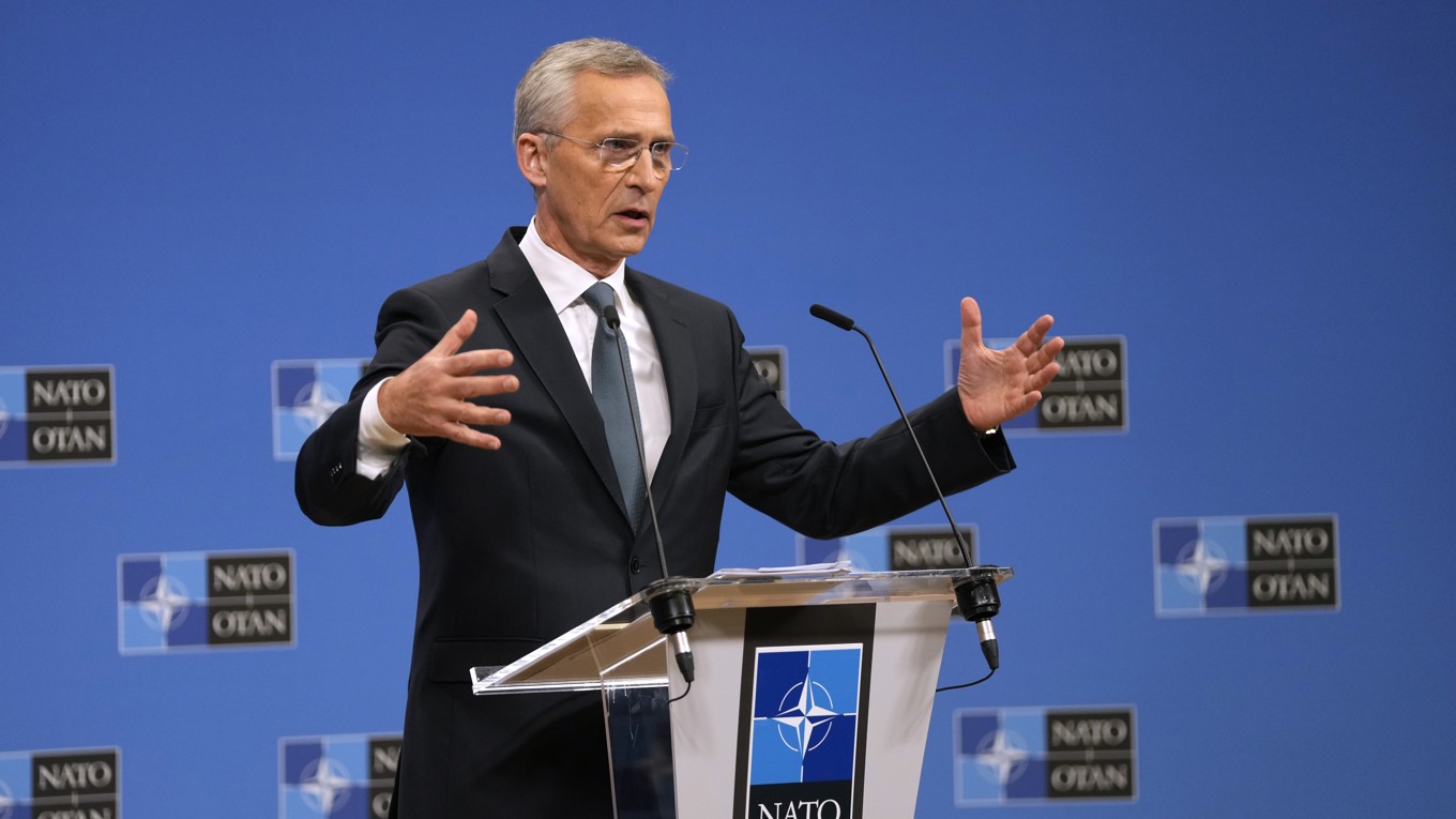 Natos generalsekreterare Jens Stoltenberg under en konferens i Bryssel i fredags. Foto: Virginia Mayo/AP/TT