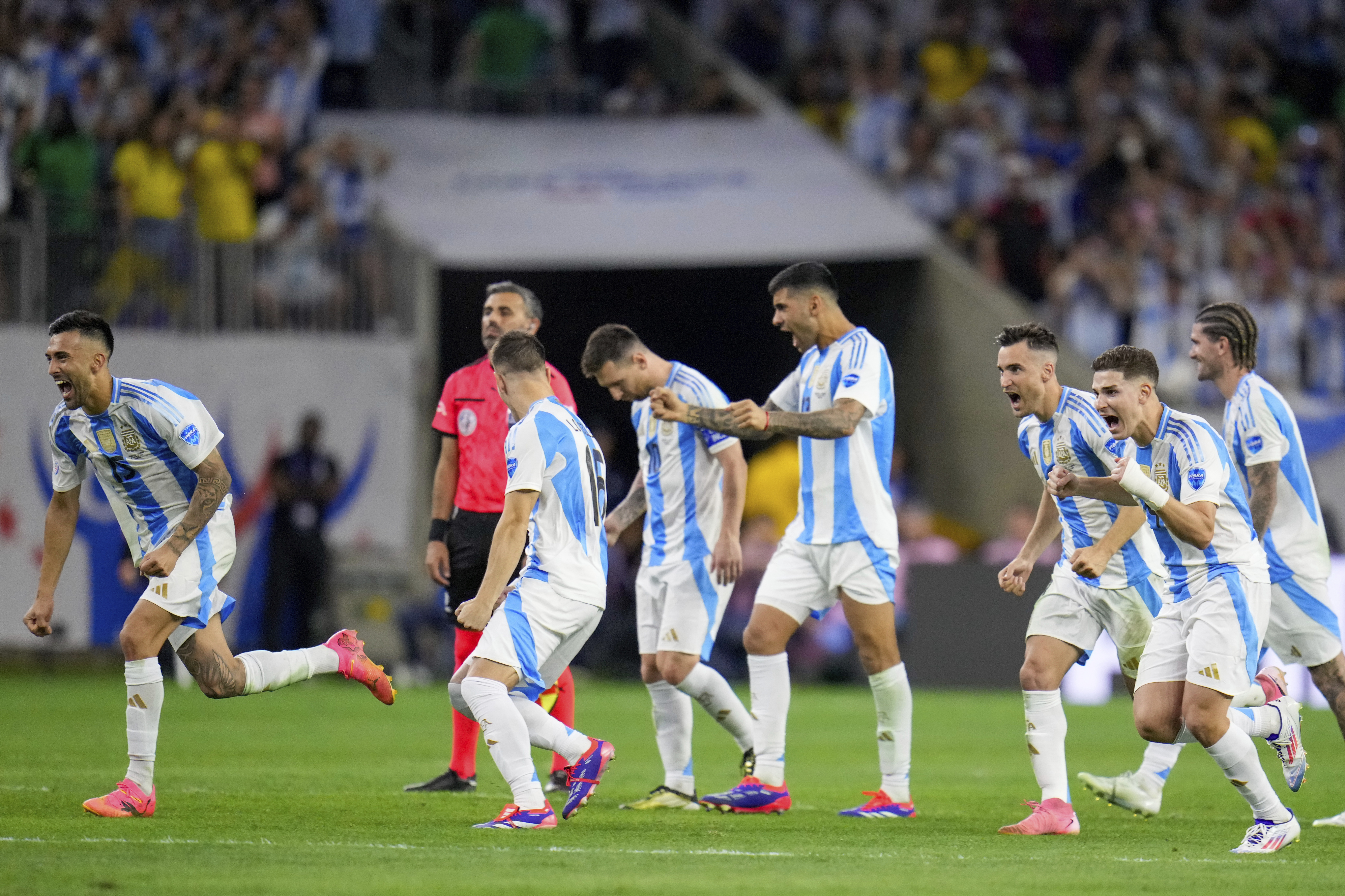 Argentinas spelare firar vinsten mot Ecuador. Foto: Julio Cortez/AP/TT
