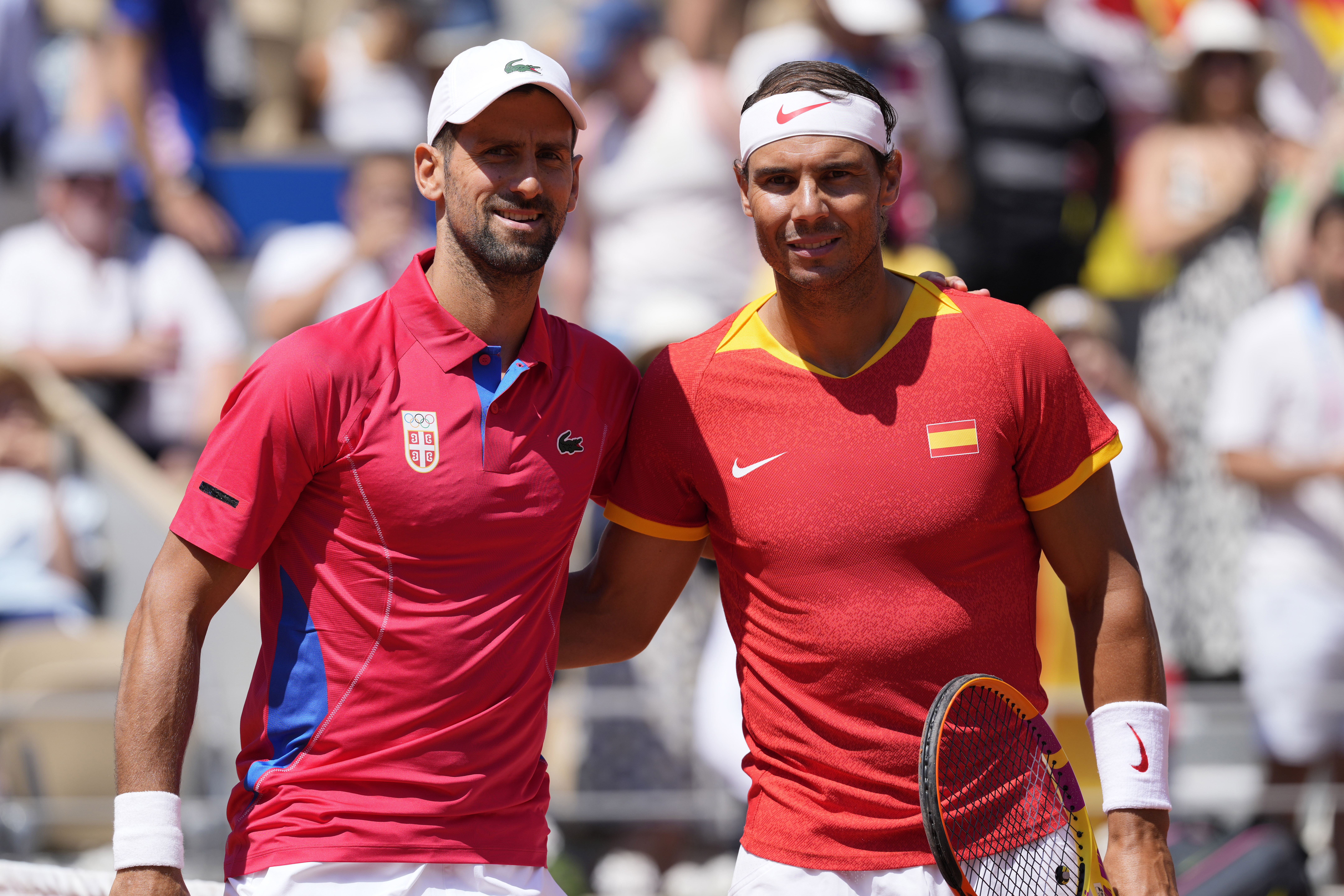 Novak Djokovic och Rafael Nadal möttes i OS-tennisen. Foto: Andy Wong/AP/TT