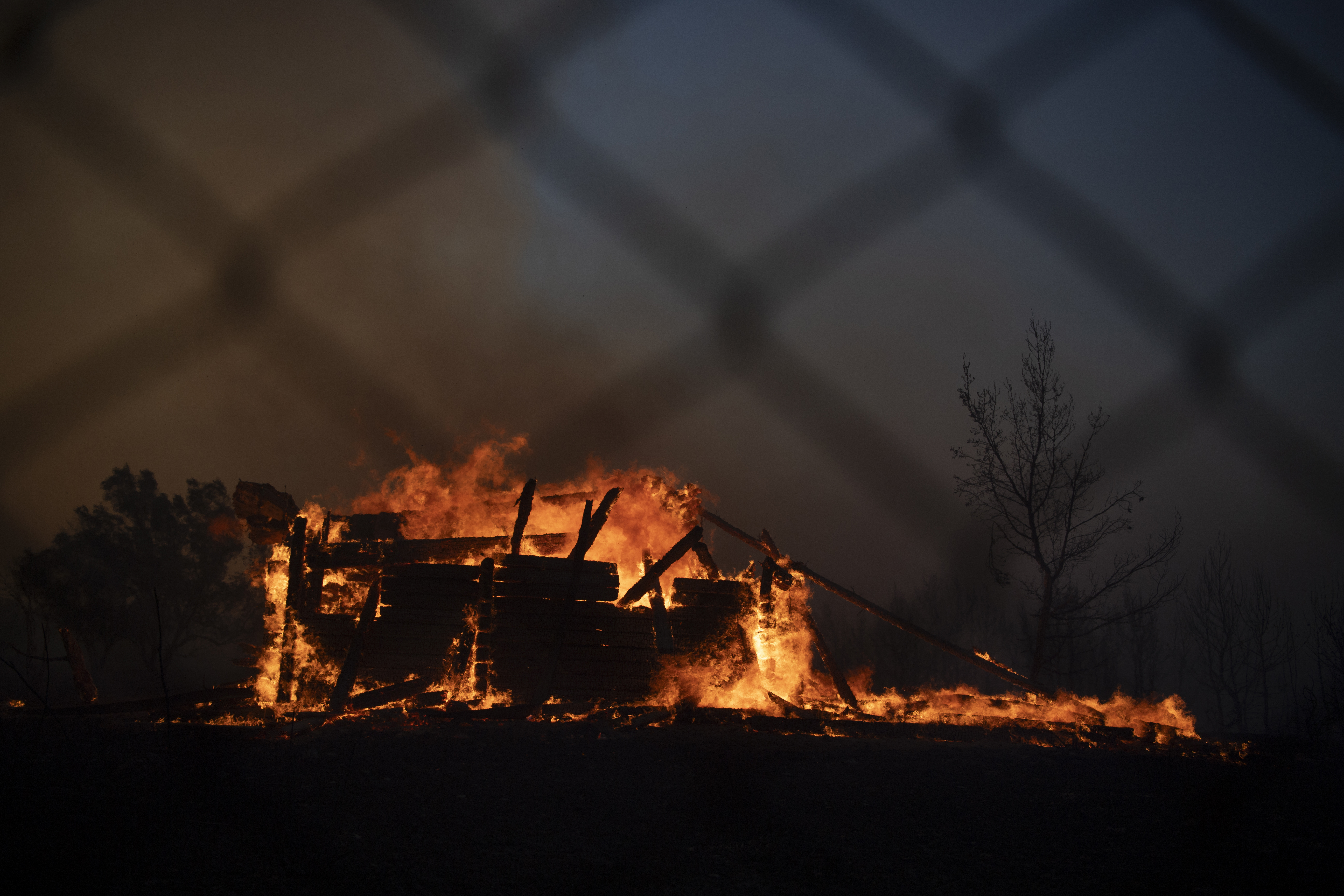 Ett hus norr om Aten brinner till följd av en skogsbrand i området. Foto: Michael Varaklas/AP/TT