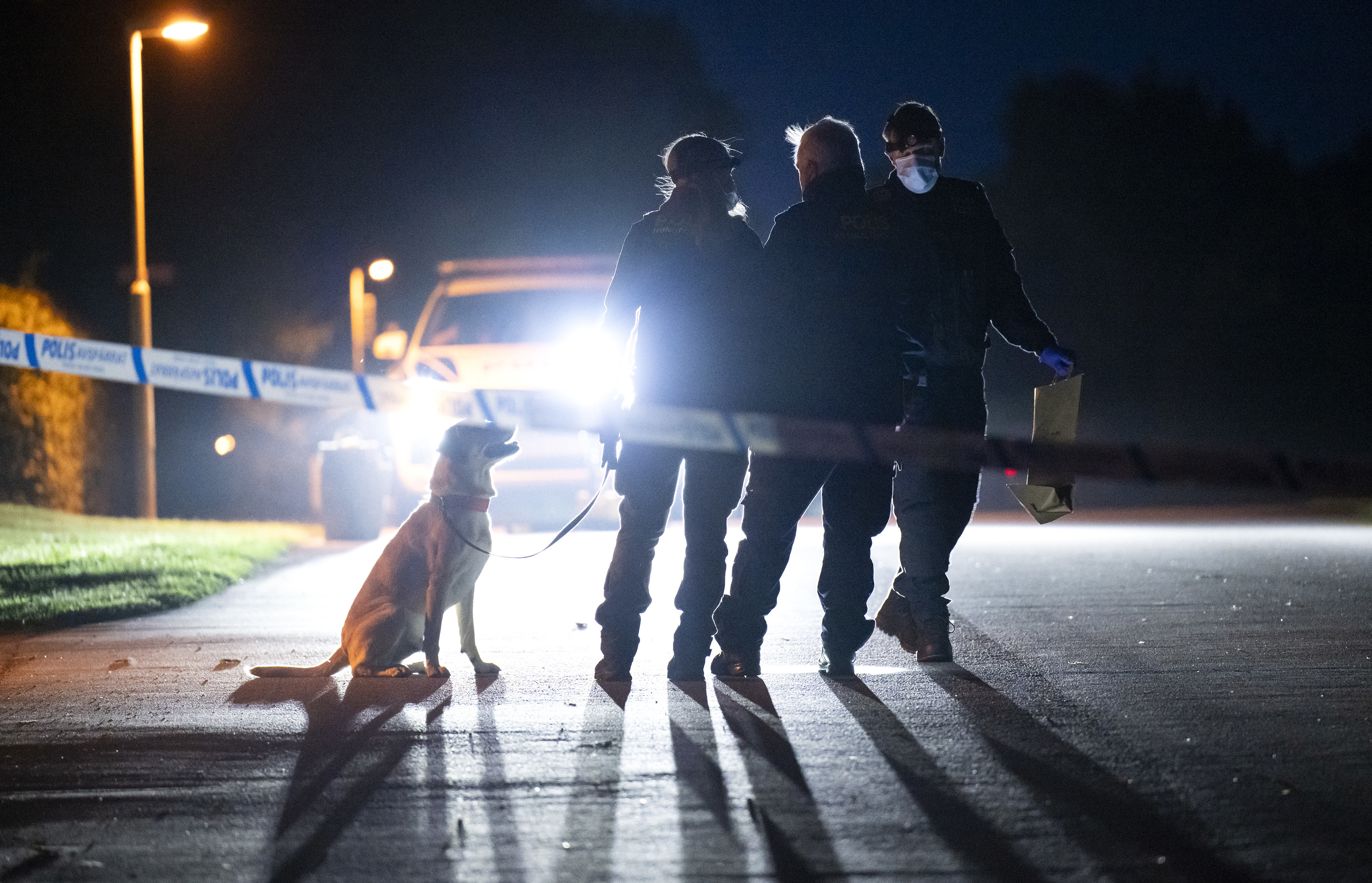 Kriminaltekniker och polis med specialsökhund arbetar i ett villaområde i centrala Skurup efter larm om skottlossning natten till söndagen. En man i 50-årsåldern dödades. Arkivbild. Foto: Johan Nilsson/TT