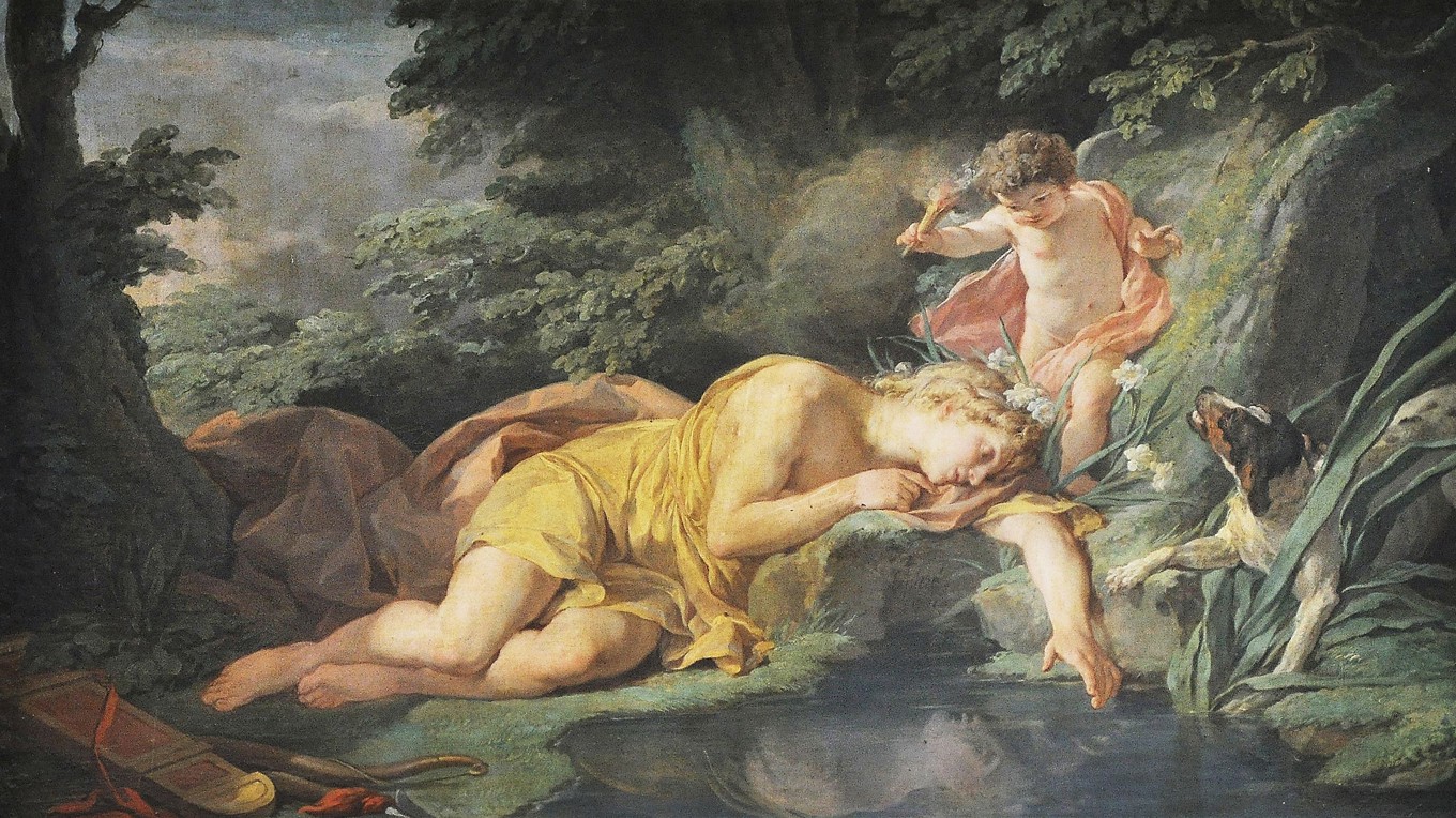 Precis som Narkissos blir Dorian Gray förälskad i sin egen skönet. Målningen ”Narkissos förvandlas till en blomma” från 1771 av Nicolas-Bernard Lépicié. Foto: Public Domain