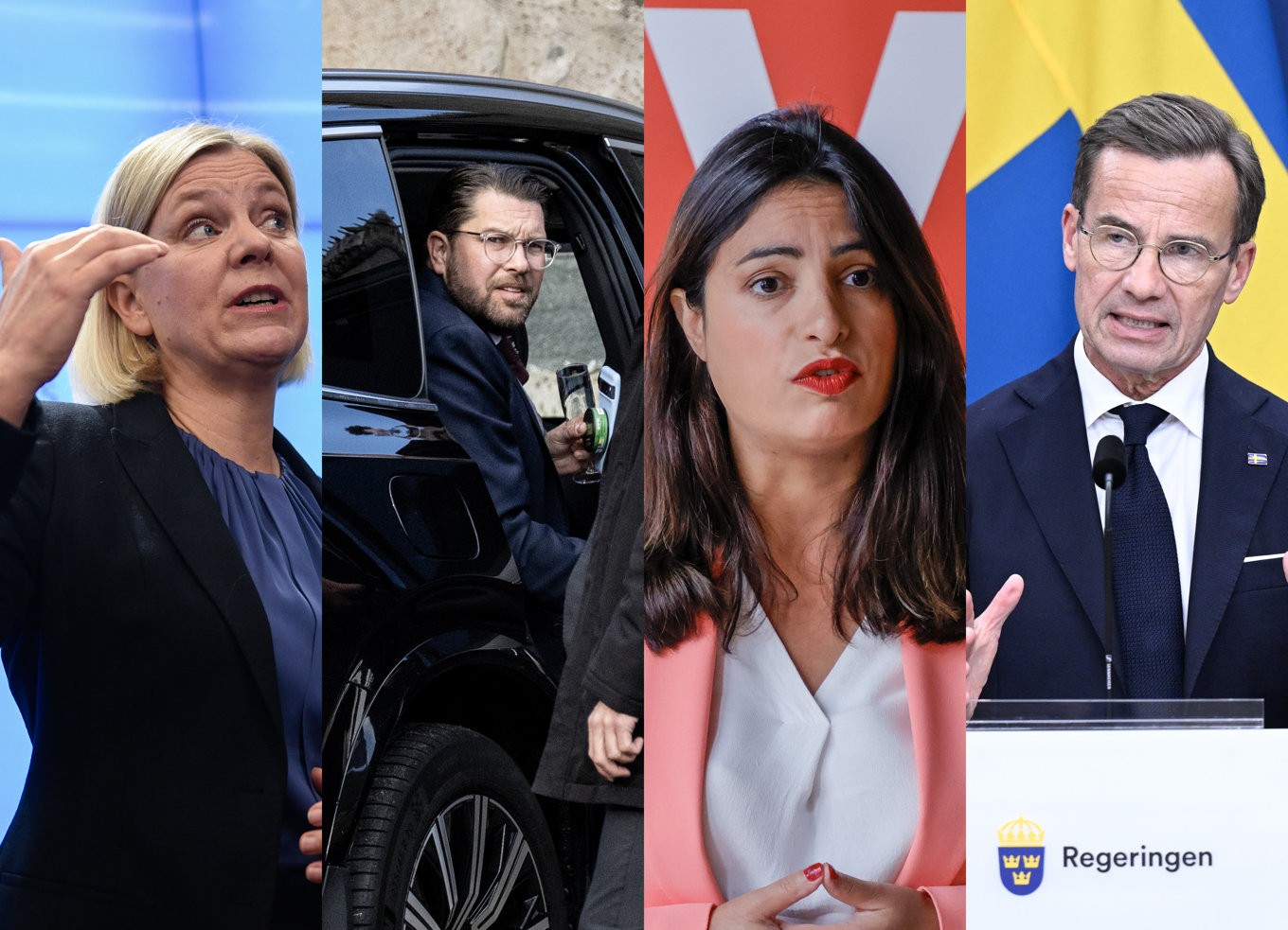 S-ledaren Magdalena Andersson, SD-ledaren Jimmie Åkesson, V-ledaren Nooshi Dadgostar och M-ledaren, statsminister Ulf Kristersson, har tvingats krishantera. Det är bara Miljöpartiet som inte brottas med stora problem eller konflikter. Foto: TT