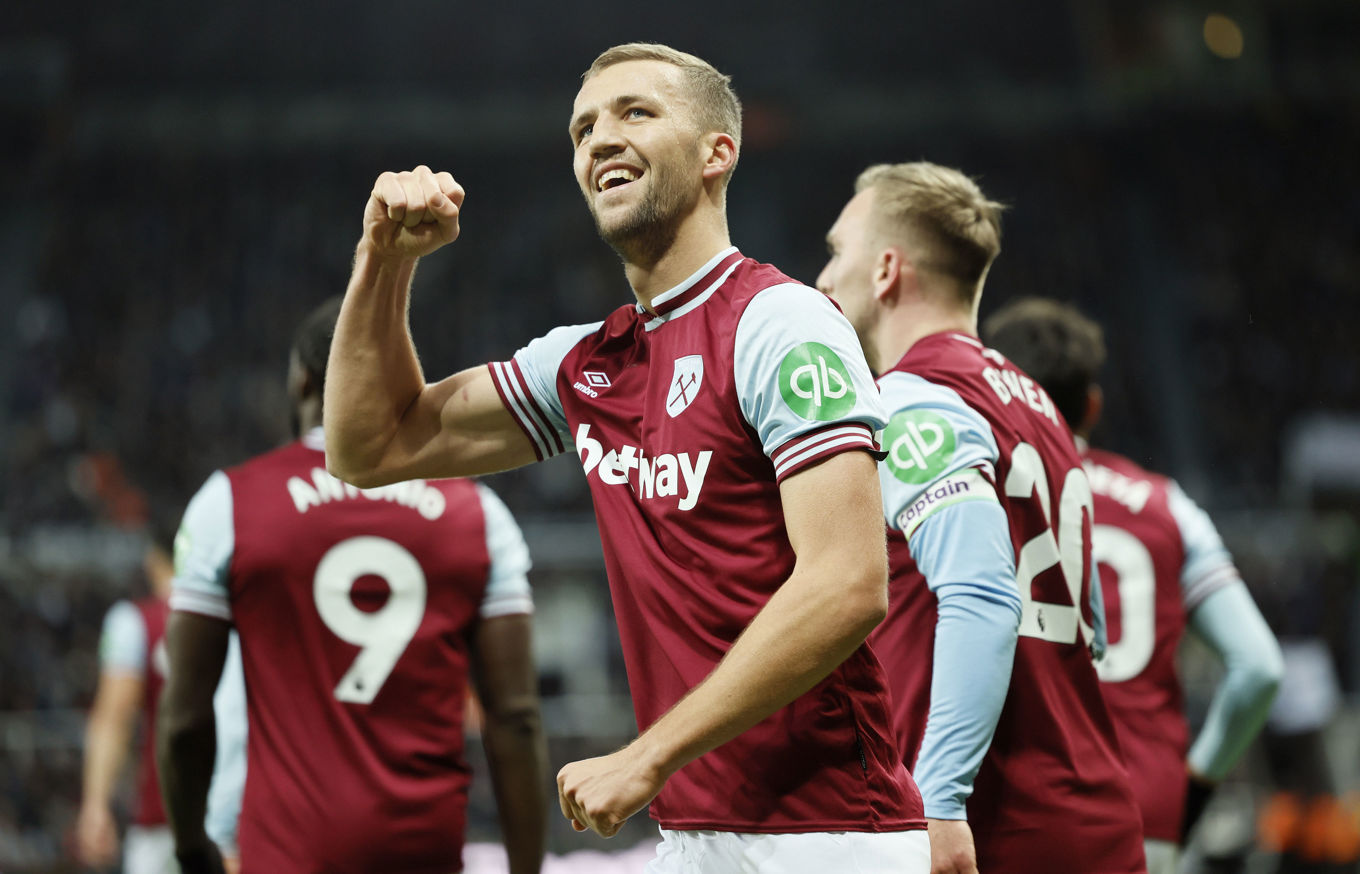 West Hams Tomas Soucek firar nickmålet mot Newcastle. Foto: Richard Sellers/AP/TT