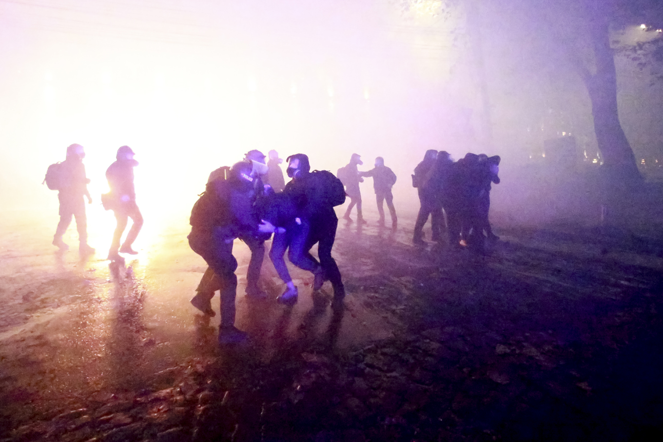 Polis griper demonstranter utanför parlamentet i Tbilisi under natten till fredagen. Foto: Zurab Tsertsvadze/AP/TT