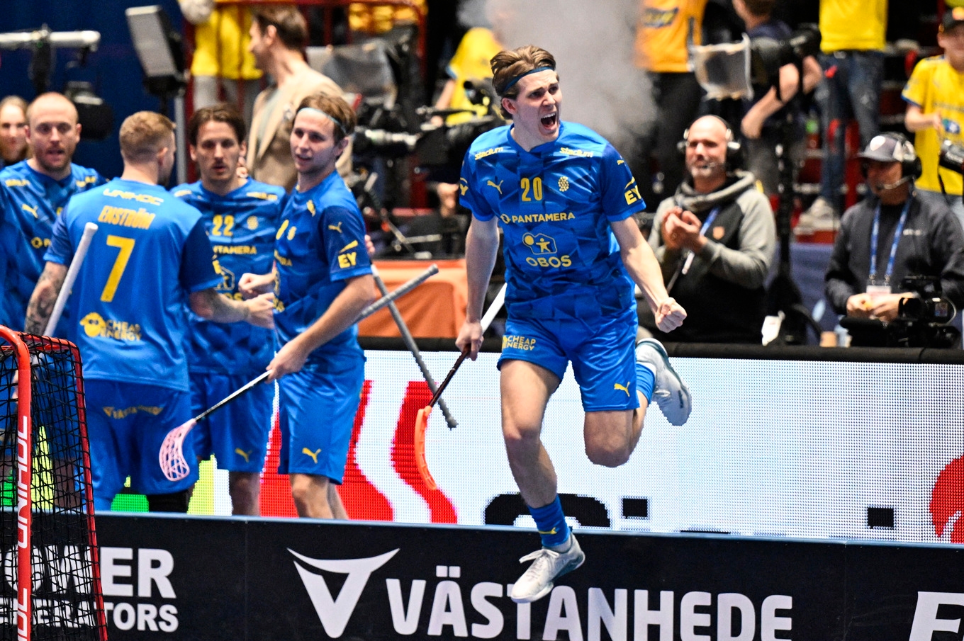 Svenskt jubel i VM-semifinalen mot Tjeckien i Malmö arena. Foto: Johan Nilsson/TT