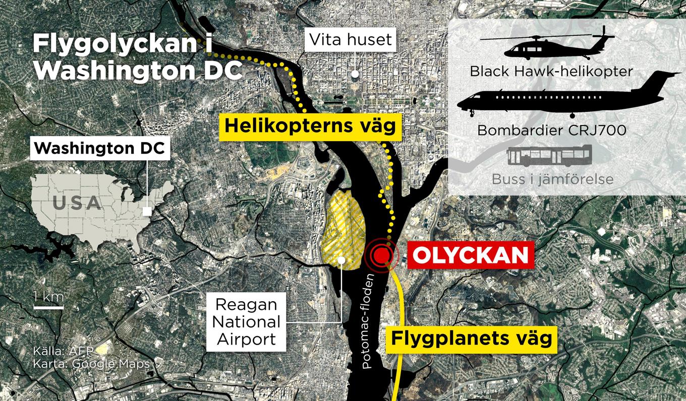 Kartan visar flygplanets och helikopterns väg innan de kolliderade över Potomac-floden vid Reagan National Airport. Foto: Anders Humlebo/TT