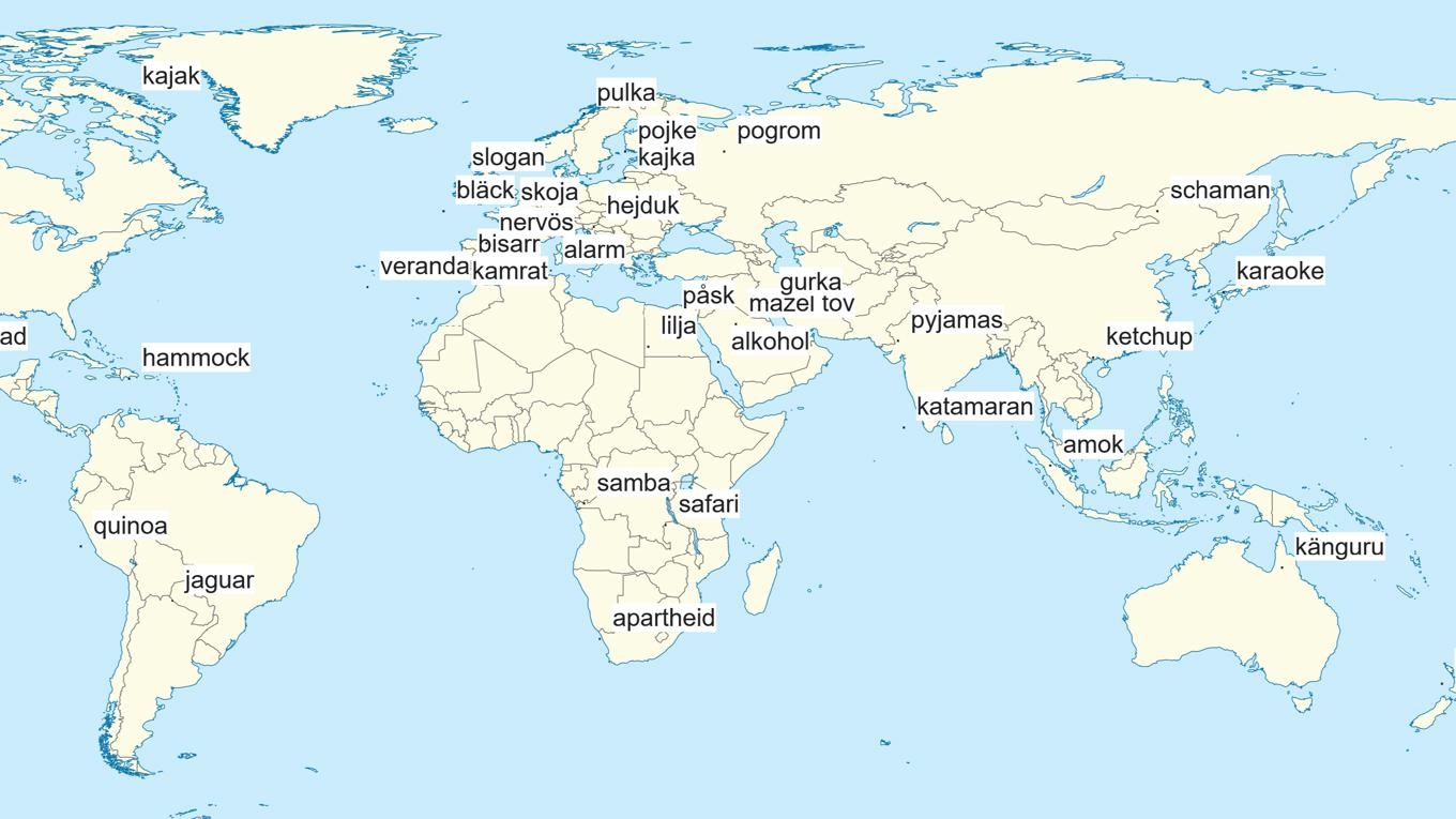 Karta med ett urval lånord på deras ursprungliga platser. Foto: Privat