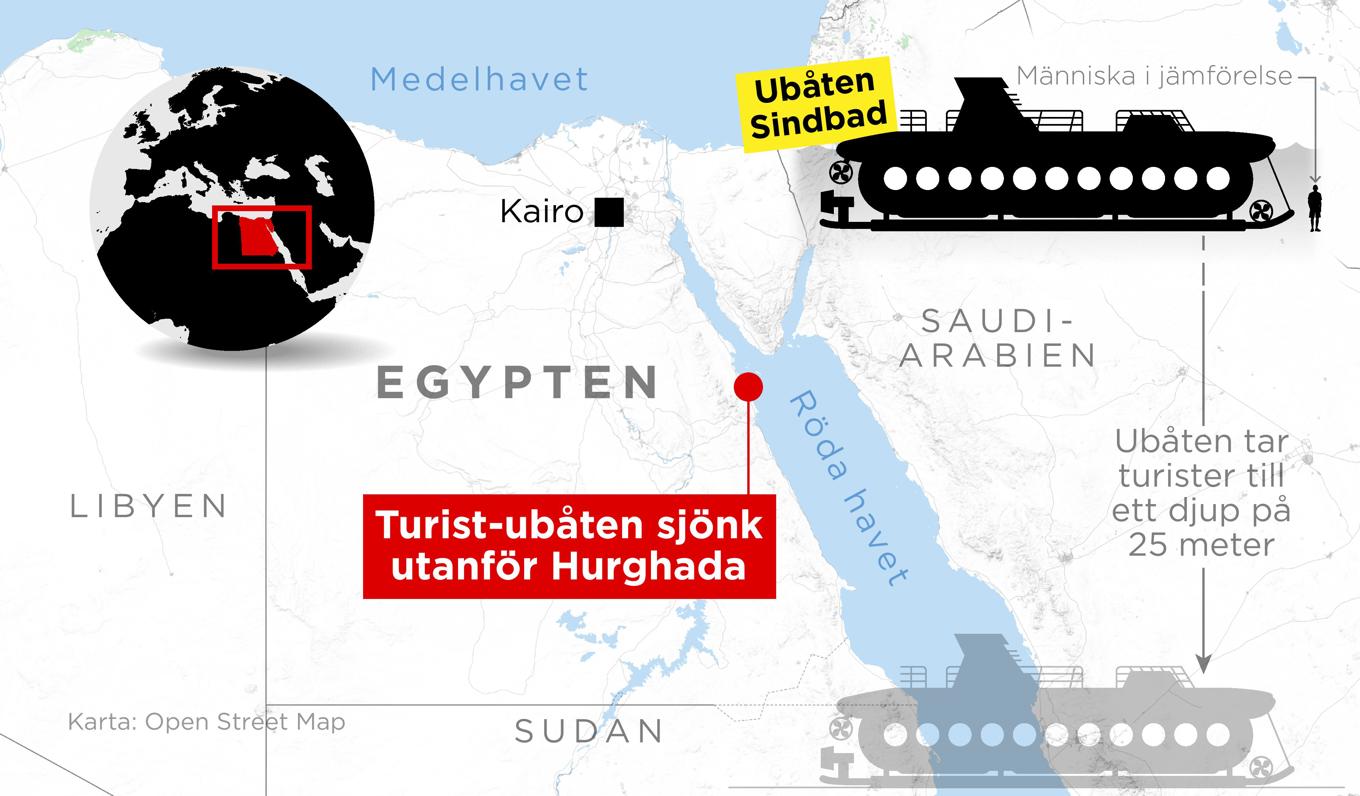 En turistubåt med 45 personer ombord har sjunkit i Röda havet utanför Hurghada i Egypten. Foto: Anders Humlebo/TT