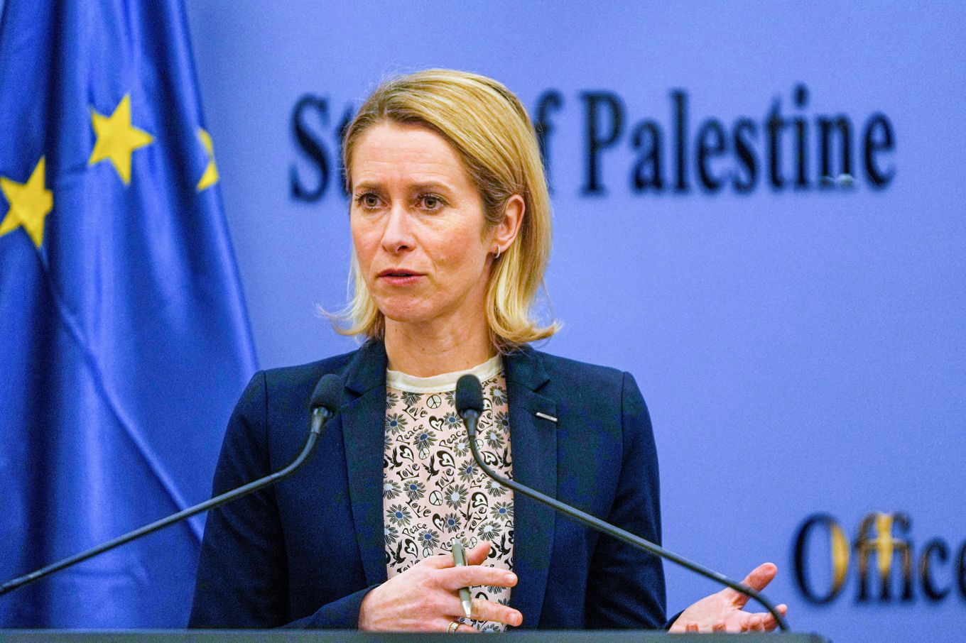 EU:s utrikeschef Kaja Kallas på Västbanken i förra veckan. Foto: Nasser Nasser/AP/TT