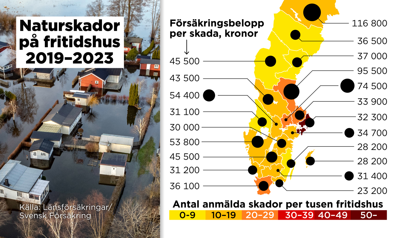 I kartan visar färgerna antal anmälda skador per tusen fritidshus under femårsperioden, och prickarna det genomsnittliga försäkringsbeloppet per anmäld skada under perioden. Foto: Anders Humlebo/TT