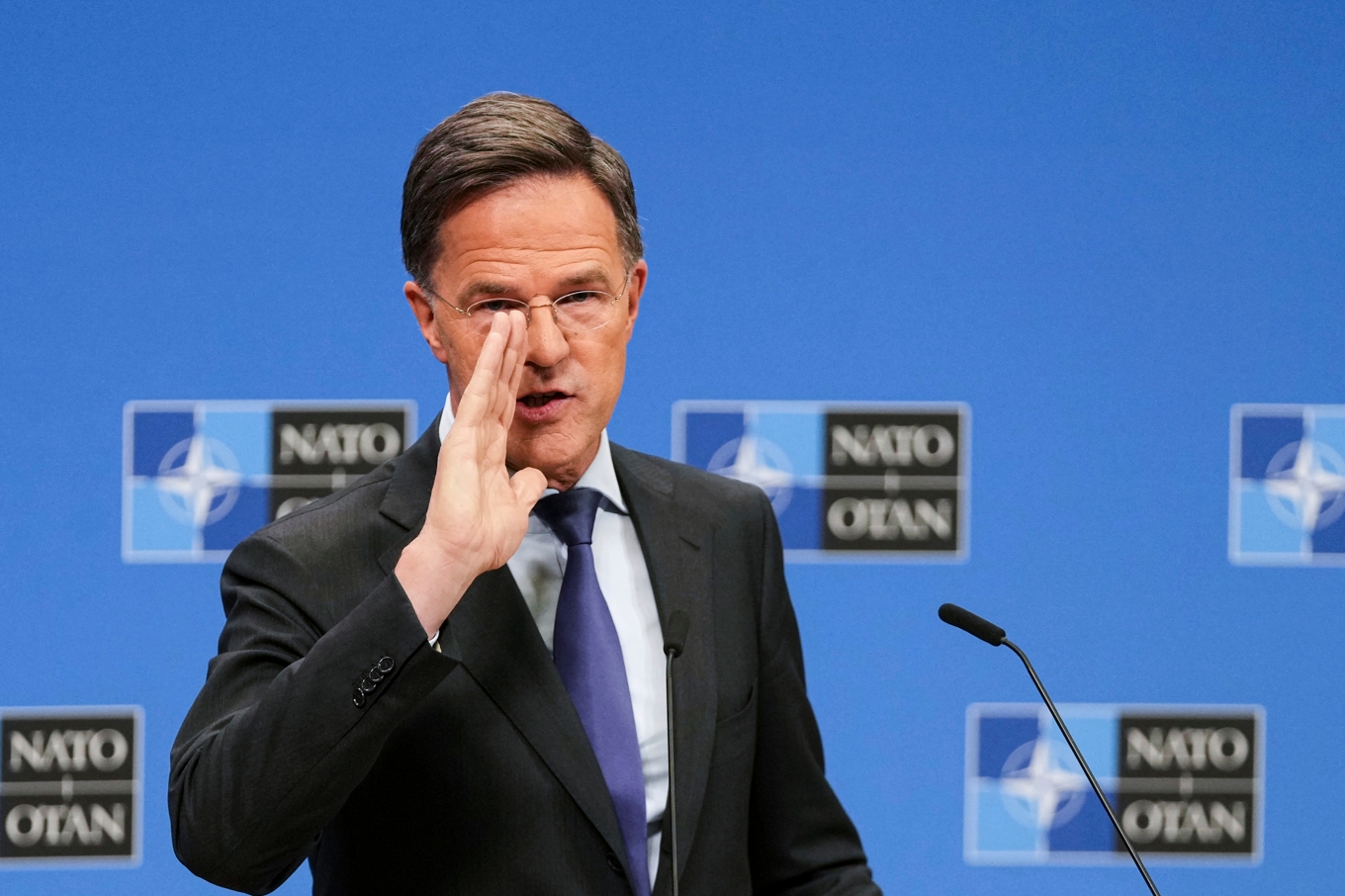 Natos generalsekreterare Mark Rutte håller presskonferens inför veckans utrikesministermöte i Bryssel. Foto: Virginia Mayo/AP/TT