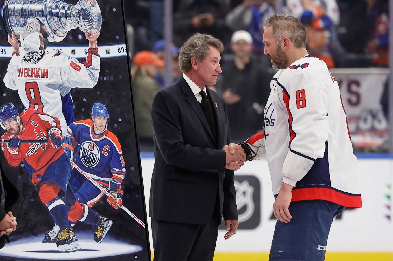 Den tidigare rekordhållaren Wayne Gretzky gratulerade efterträdaren Alexander Ovetjkin. Foto: Adam Hunger/AP/TT
