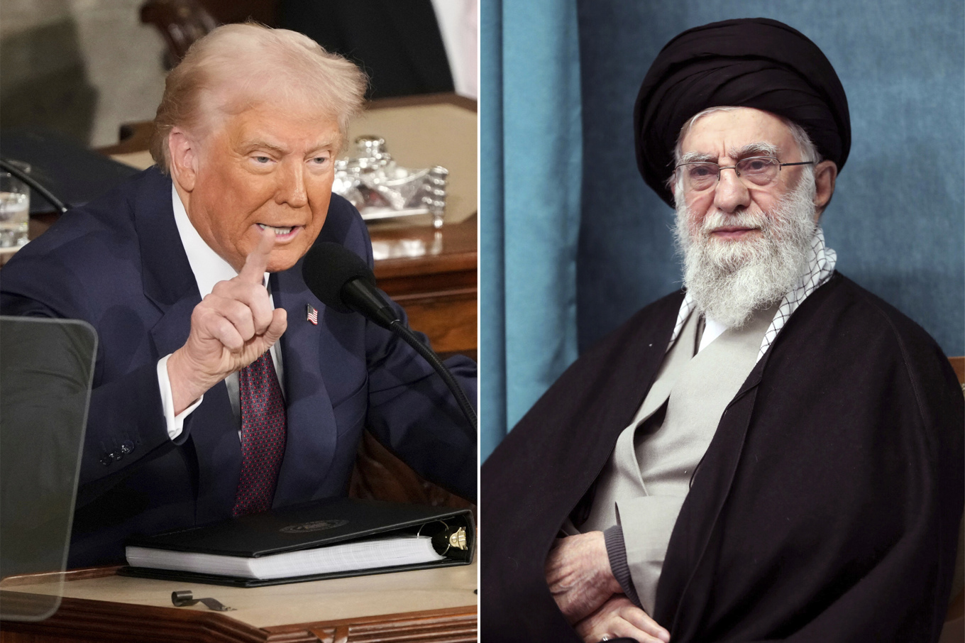 Till vänster USA:s president Donald Trump och till höger Irans högste ledare, ayatolla Ali Khamenei. Arkivbilder. Foto: Ben Curtis/AP/TT & Irans myndigheter via AP/TT