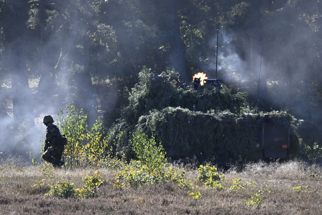 Stridsfordon 90 under en stridsförevisning på Södra skånska regementet P 7 i Revingehed. Arkivbild. Foto: Johan Nilsson/TT