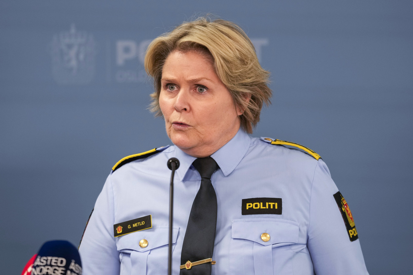 Grete Lien Metlid, chef för underrättelse- och utredningsavdelningen vid polisdistrikt Oslo, på söndagens presskonferens. Foto: Terje Bendiksby/NTB/TT