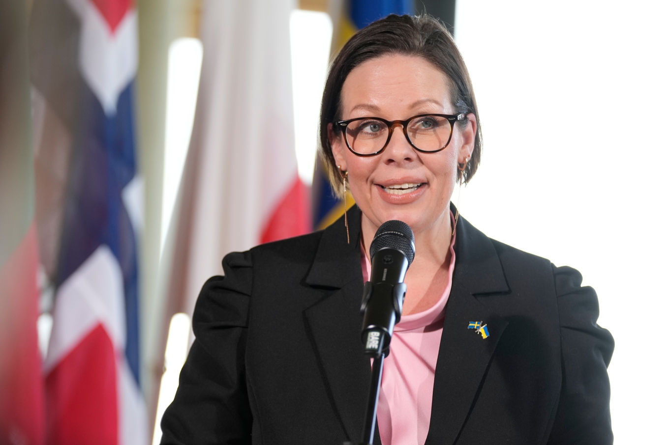 Utrikesminister Maria Malmer Stenergard (M) under en pressträff på tisdagen vid det nordisk-baltiska utrikesministermötet NB8 på Bornholm. Foto: Thomas Traasdahl/Ritzau Scanpix via AP/TT