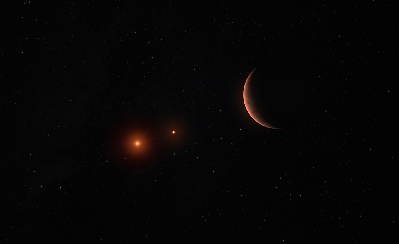 Så här tänker sig en illustratör de två bruna dvärgarna som lyser på den nyupptäckta planeten. Foto: M. Kornmesser/ESO