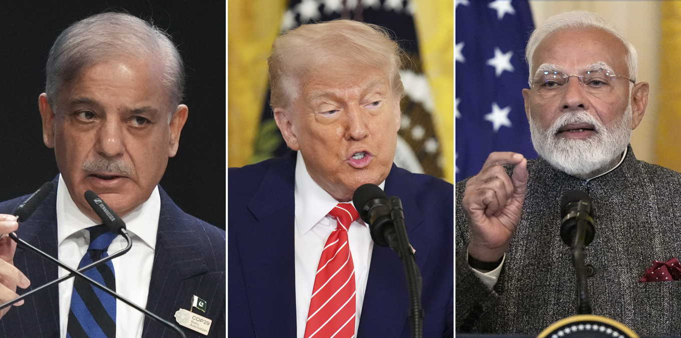 Pakistans premiärminister Shehbaz Sharif (vänster) och Indiens dito Narendra Modi (höger) enades om vapenvila efter amerikansk medling. Därefter har explosioner hörts i den indiskkontrollerade delen av Kashmir. Foto: AP/TT