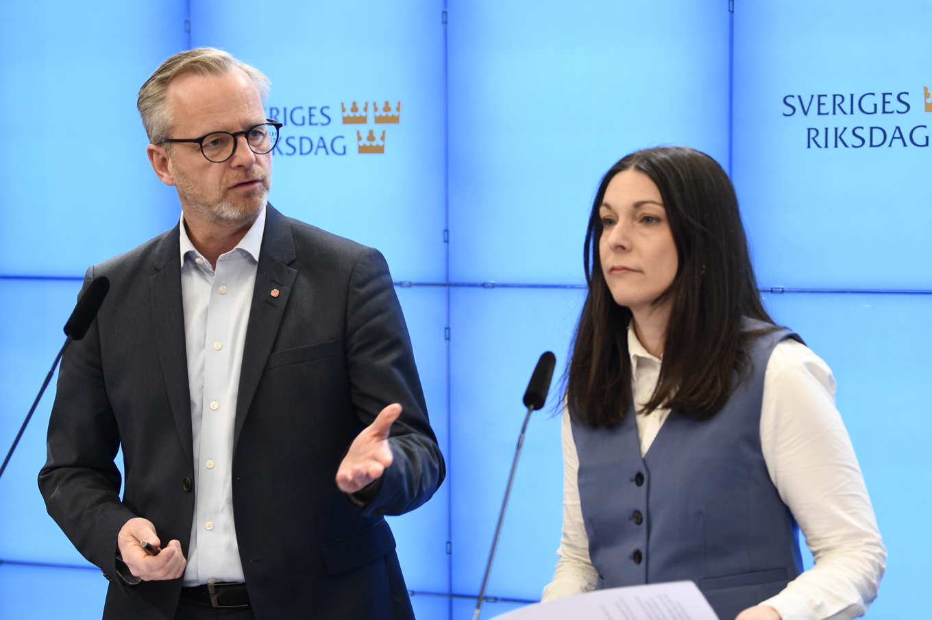 Socialdemokraternas ekonomisk-politiska talesperson Mikael Damberg och rättspolitiska talesperson Teresa Carvalho. Foto: Lars Schröder/TT