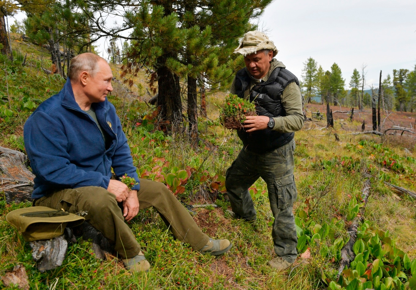 Lettland varnar för ryssar i skogen. Arkivbild på president Vladimir Putin och före detta försvarsminister Sergej Sjojgu. Foto: Alexei Druzhinin/AP/TT