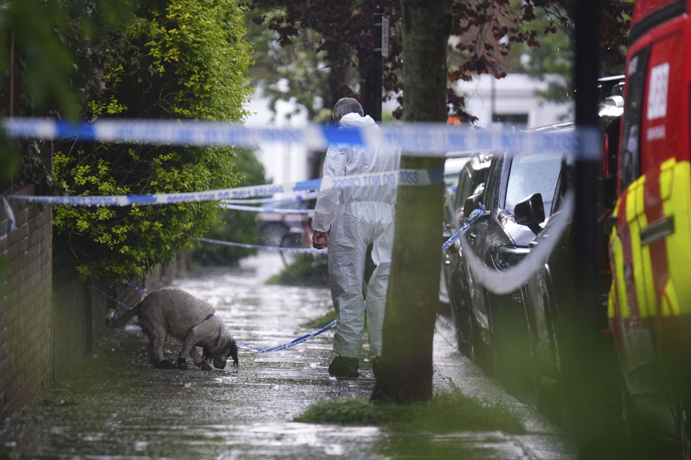 Polisens forensiker undersöker ett avspärrat område i anslutning till Keir Starmers privata bostad i nordvästra London den 12 maj. Foto: James Manning/AP/TT