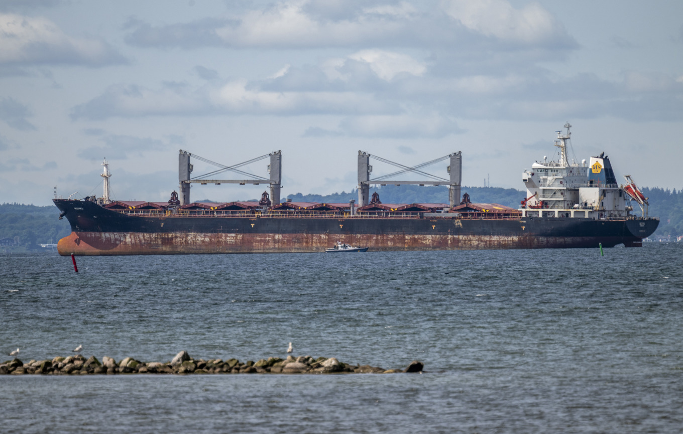 Bulkfartyget Meshka står på grund utanför hamnen i Landskrona på lördagen. Fartyget var på väg söderut genom Öresund på väg till en rysk hamn i Finska viken när det av okänd anledning gick på grund utanför Landskrona. Foto: Johan Nilsson/TT