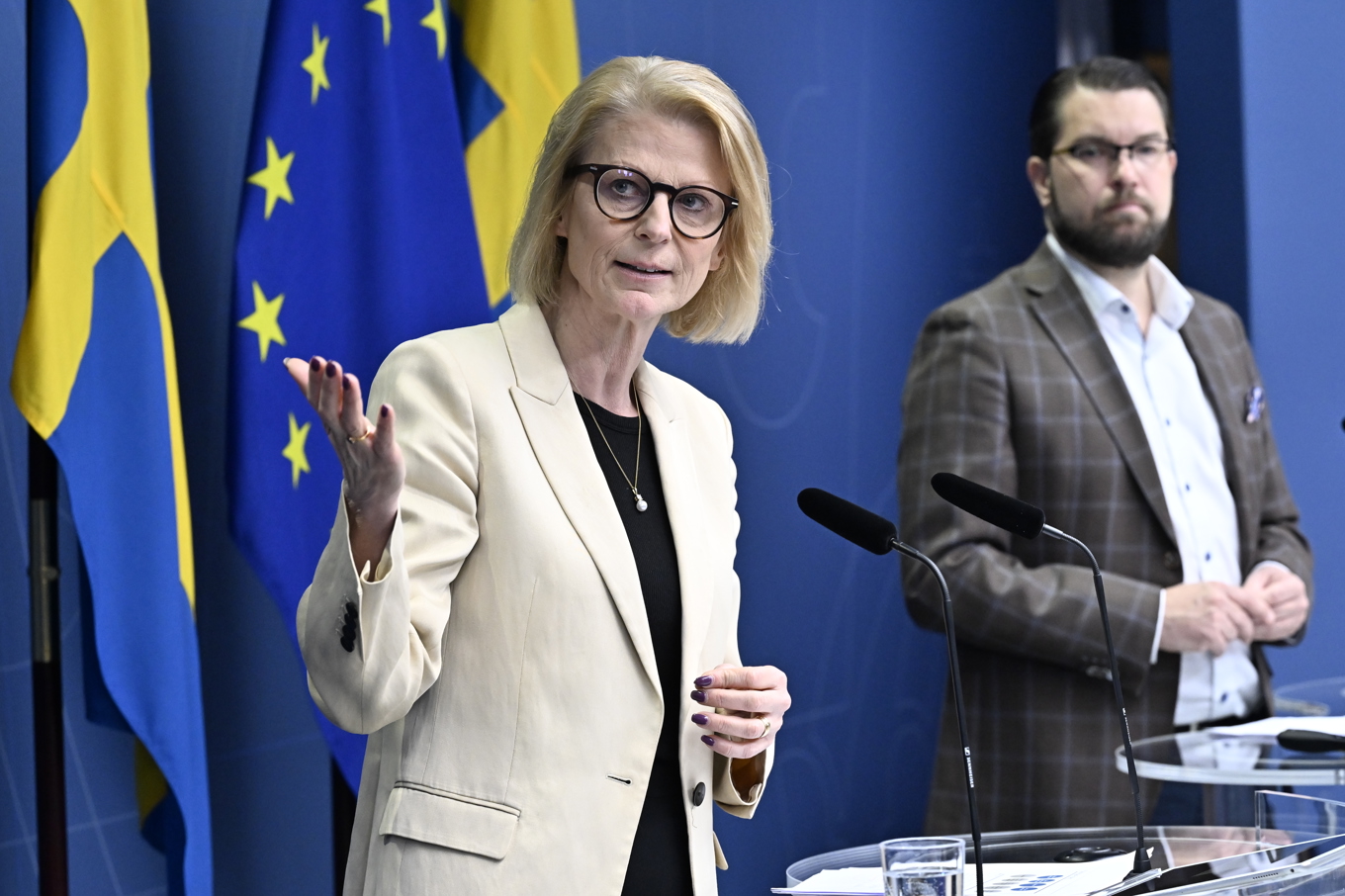 Finansminister Elisabeth Svantesson (M) och Sverigedemokraternas partiledare Jimmie Åkesson vid en pressträff om Tidöavtalet i mars 2023. Arkivbild. Foto: Jonas Ekströmer/TT