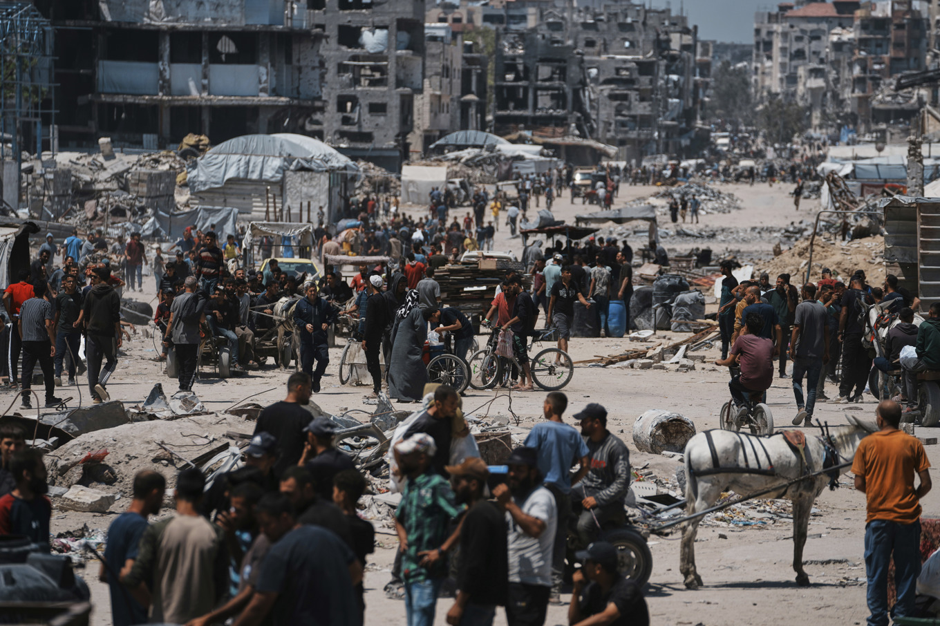 Palestinier som tvingats från sina hem återvänder tillfälligt till sina hem i ett område där den israeliska militären är verksam. Bilden är tagen 4 juni. Foto: Jehad Alshrafi/AP/TT