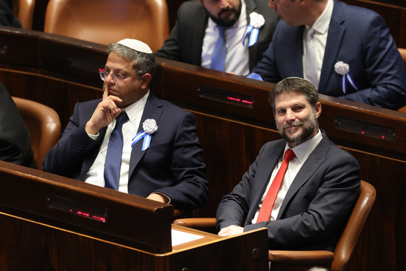 Ministrarna Itamar Ben-Gvir och Bezalel Smotrich i Knesset 2022. Foto: Abir Sultan/AP/TT