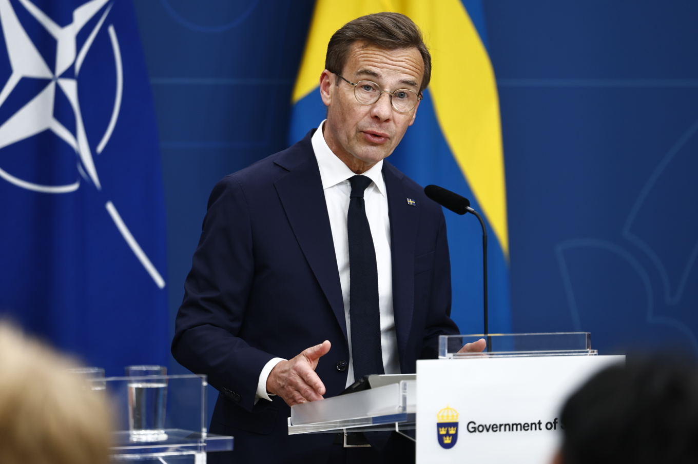 Statsminister Ulf Kristersson på en pressträff med Natos generalsekreterare Mark Rutte. Foto: Stefan Jerrevång/TT