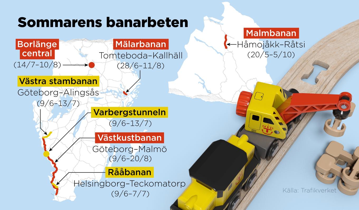 Kartan visar några av de banarbeten som kommer att ha stor påverkan på tågtrafiken under sommaren. Foto: Anders Humlebo/TT
