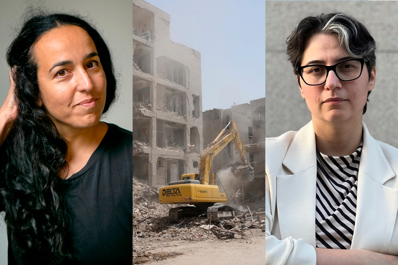 Fotomontage av Pooneh Rohi, en bild på en byggnad i Teheran som förstörts i kriget, och Marmar Moshfeghi till höger. Foto: Linda Westin/Ordfronts förlag/TT, AP/TT, Privat