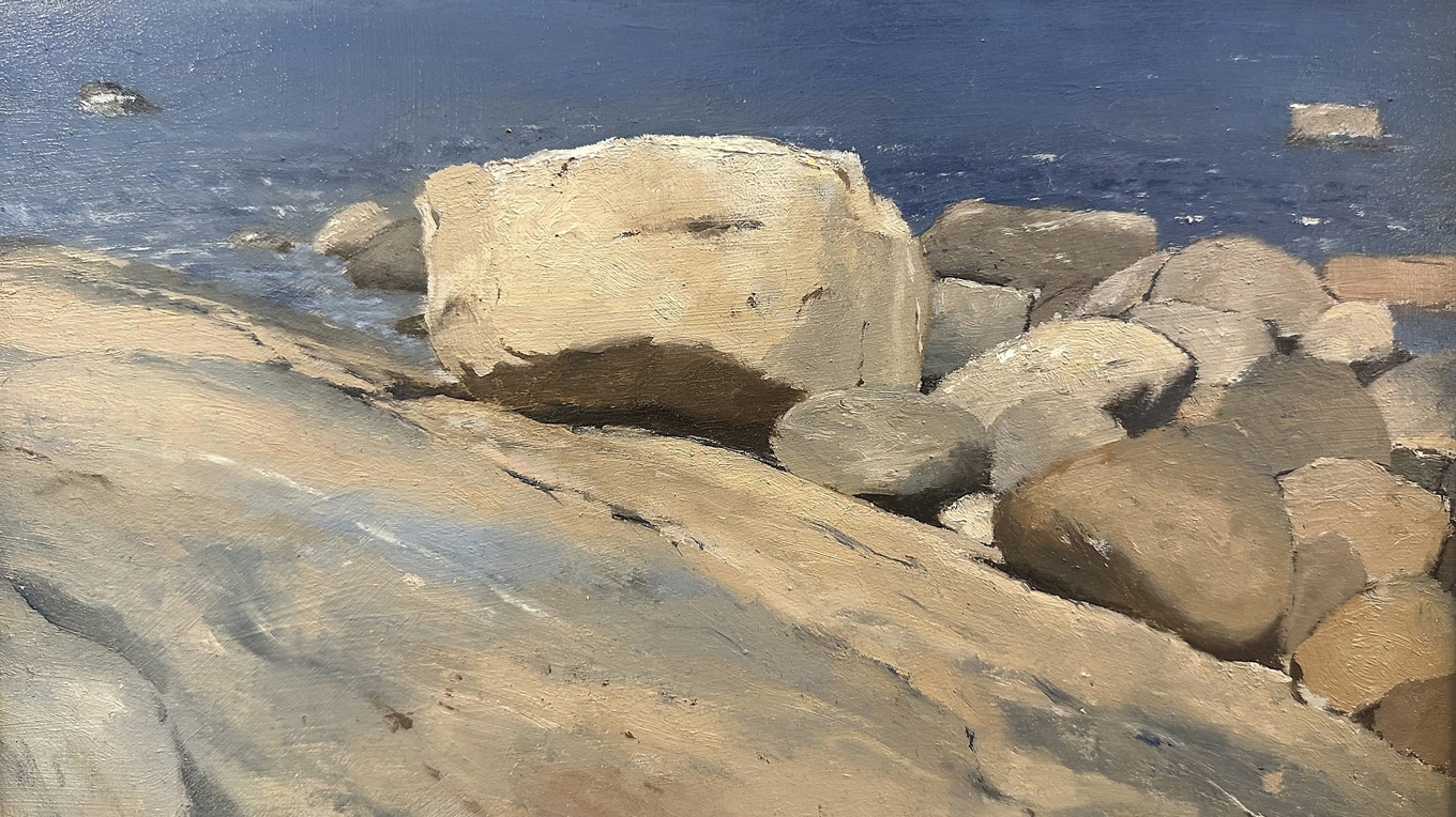 Den norske konstnären och grafikern Even Richardson ställer ut en serie målningar med kustlandskap i utställningen ”Sakernas tillstånd” på Marstrand. Foto: Even Richardson