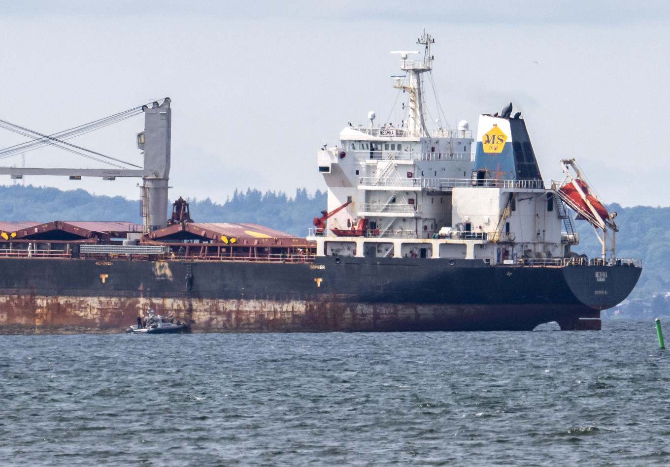 Kustbevakning och polis på plats vid fartyget Meshka efter grundstötningen utanför Landskrona i maj. Foto: Johan Nilsson/TT