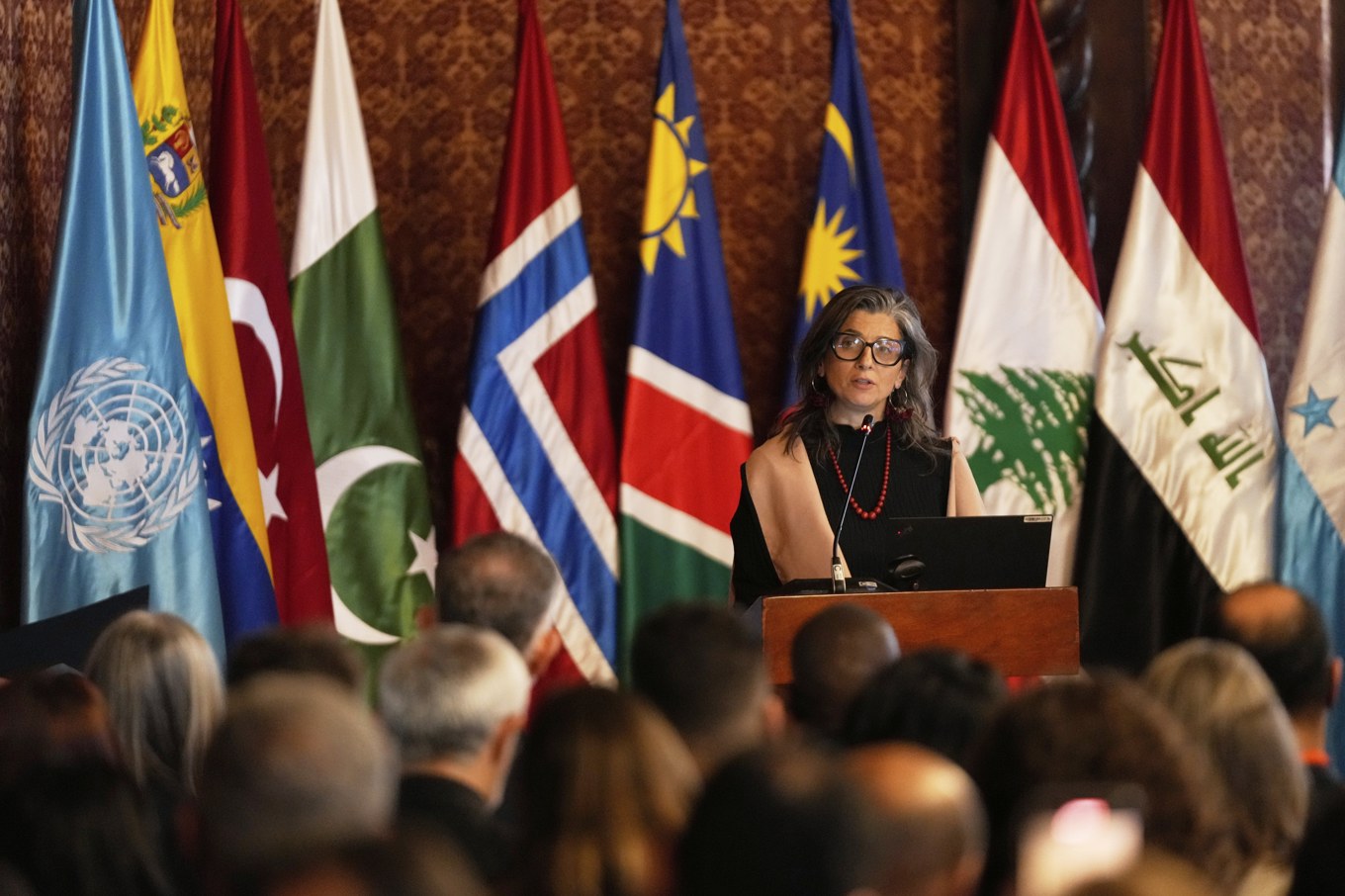 FN:s särskilda rapportör för de palestinska områdena talar på tisdagen under den två dagar långa konferensen om Gazakriget. Foto: Fernando Vergara/AP/TT