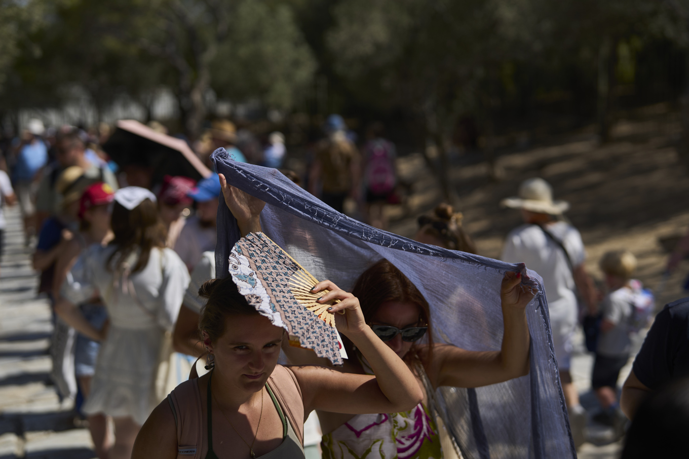 Turister skyddar sig från solen vid Akropolis under en värmebölja i Grekland tidigare i juli. Foto: Petros Giannakouris/AP/TT
