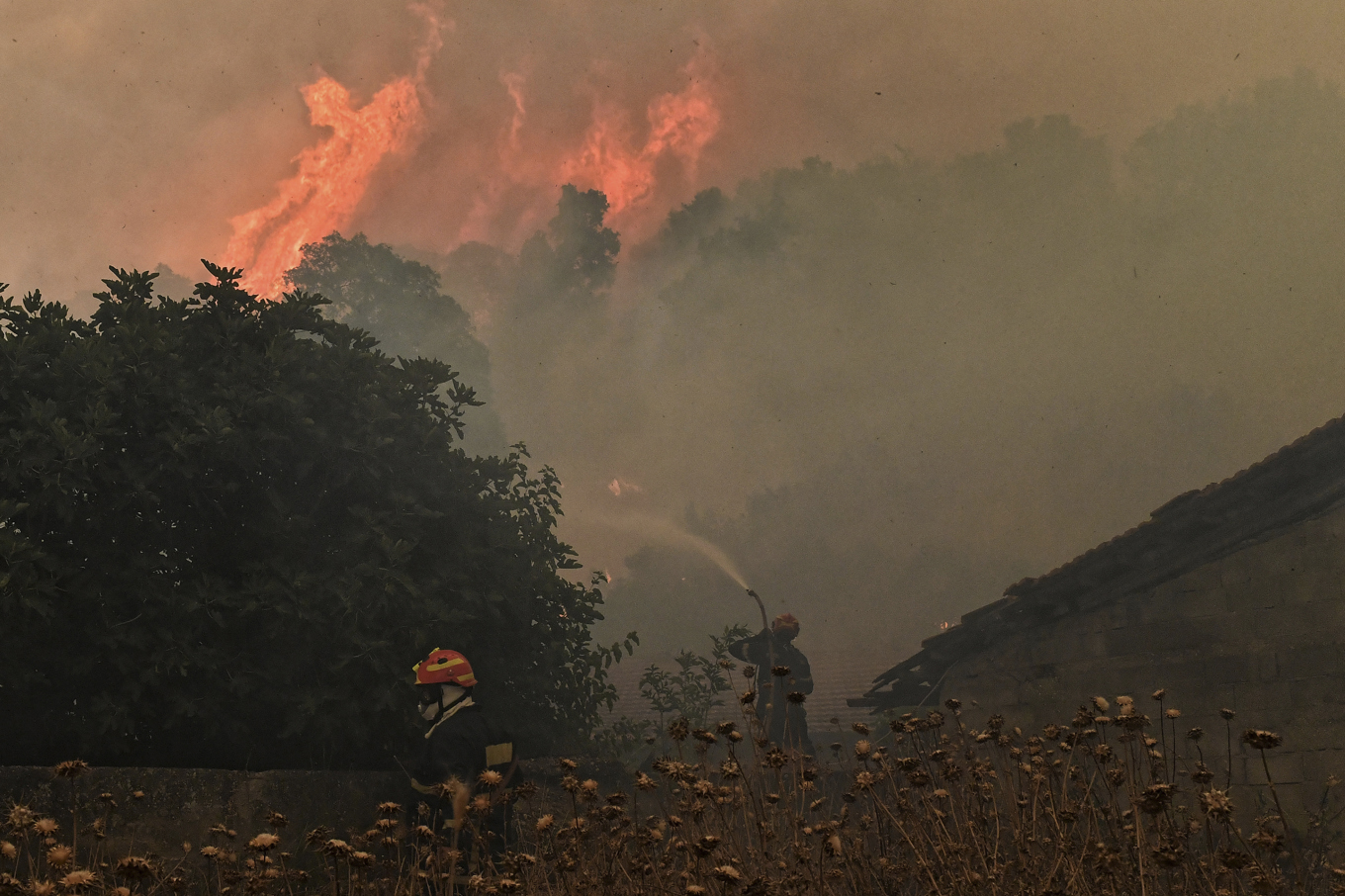 Brandmän bekämpar bränder kring byarna nära staden Korinth. Foto: Vasilis Psomas/AP/TT