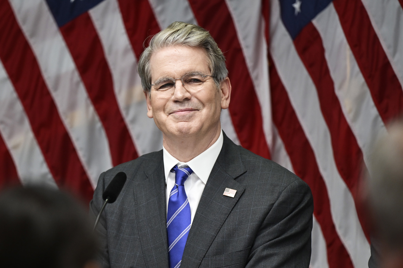 USA:s finansminister Scott Bessent under en pressträff på Rosenbad efter att handelssamtalen mellan USA och Kina avslutats på tisdagen. Foto: Magnus Lejhall/TT