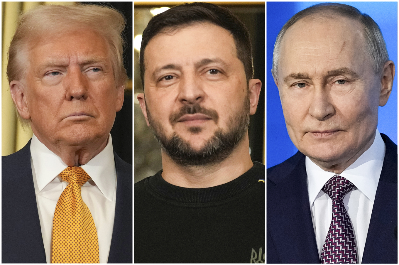 De tre presidenterna: USA:s Donald Trump, Ukrainas Volodymyr Zelenskyj och Rysslands Vladimir Putin. Foto: AP/TT
