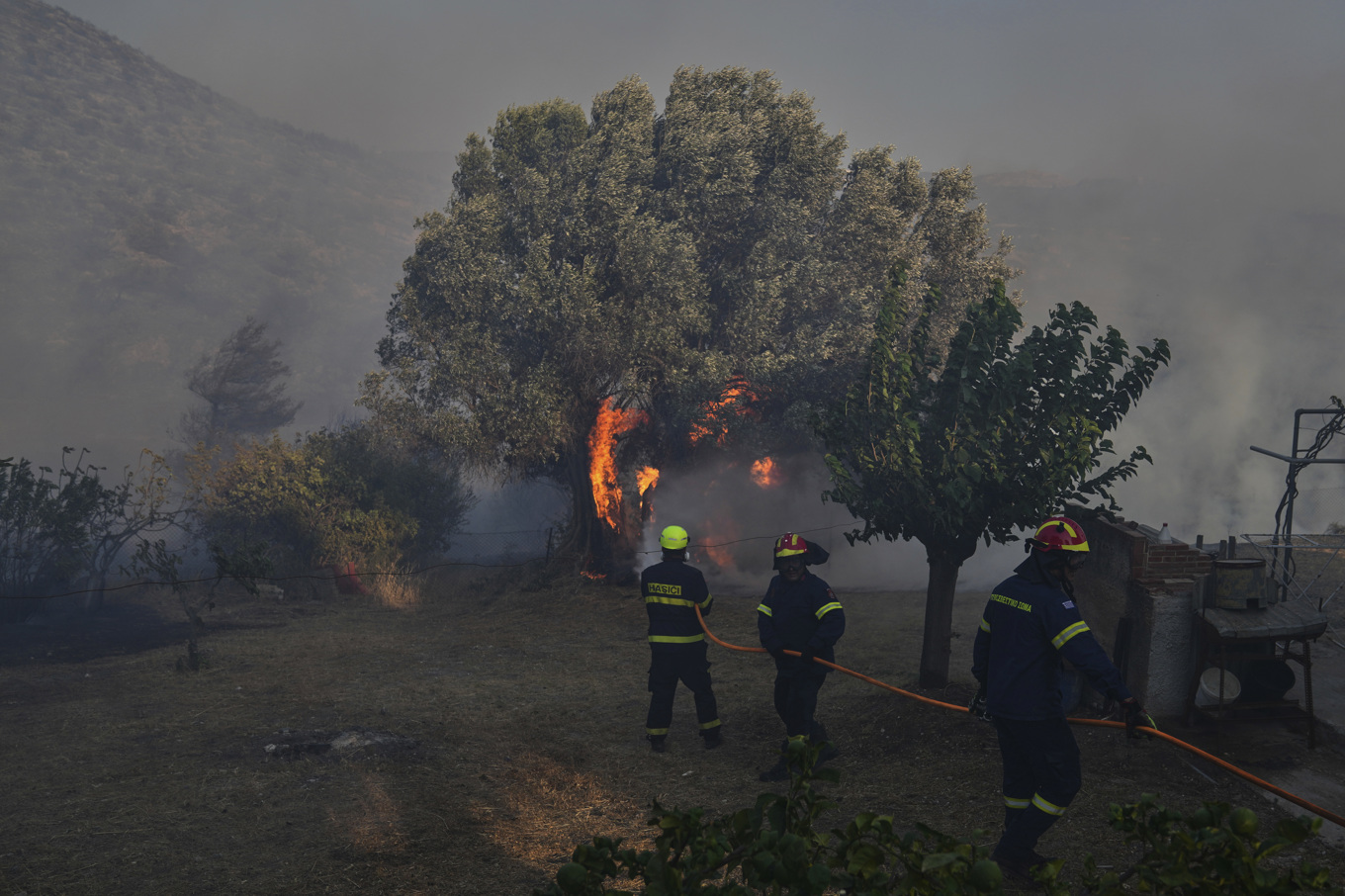 Kraftiga skogsbränder härjar söder om Greklands huvudstad Aten. Foto: Thanassis Stavrakis/AP/TT