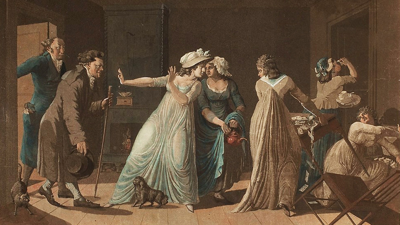 ”Caffe-beslaget” visar hur lagens långa arm slår till mot kaffedrickande damer under det sena 1700-talet. Martin Rudolf Heland – efter Per Nordquists målning med samma namn, 1799. Foto: Stockholmskällan