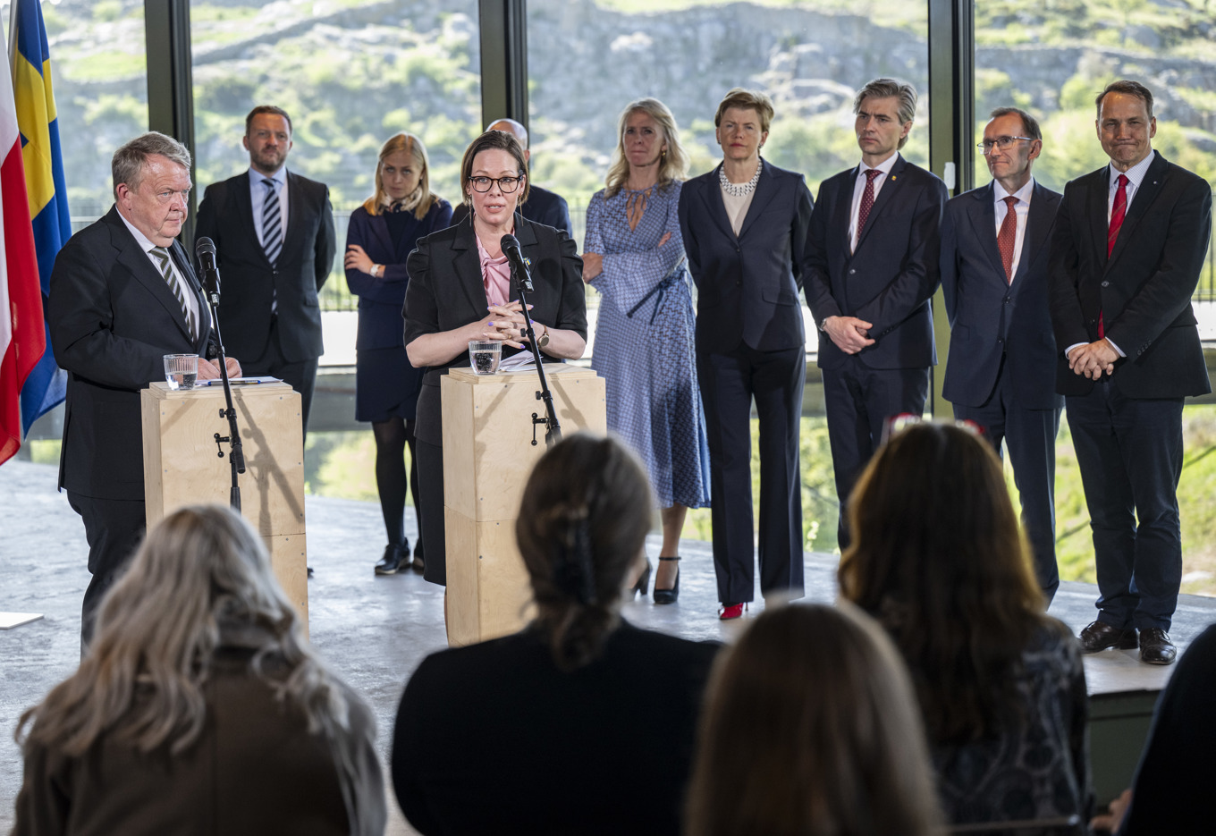 Danmarks Lars Løkke Rasmussen och Sveriges Maria Malmer Stenergard (M) på en presskonferens efter ett utrikesministermöte på Bornholm i april i år. Foto: Johan Nilsson/TT