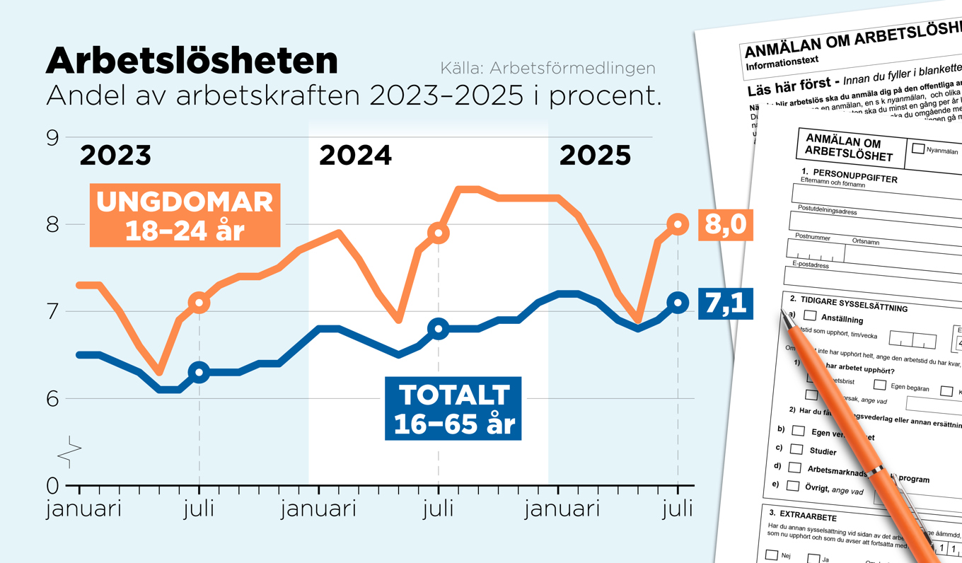 Ungdomsarbetslösheten ökar alltid under sommaren, men ligger inte högre än vid samma tidpunkt i fjol. Grafiken visar arbetslösheten som andel av arbetskraften för ungdomar och totalt i procent. Foto: Anders Humlebo/TT