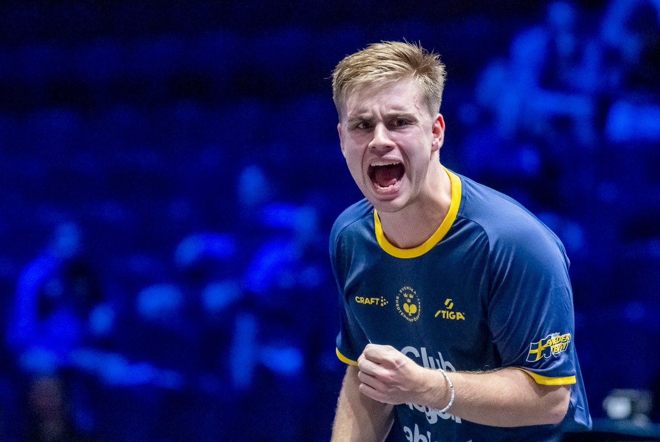 Truls Möregårdh jublar under segermatchen mot rumänen Eduard Ionescu. Foto: Johan Nilsson/TT