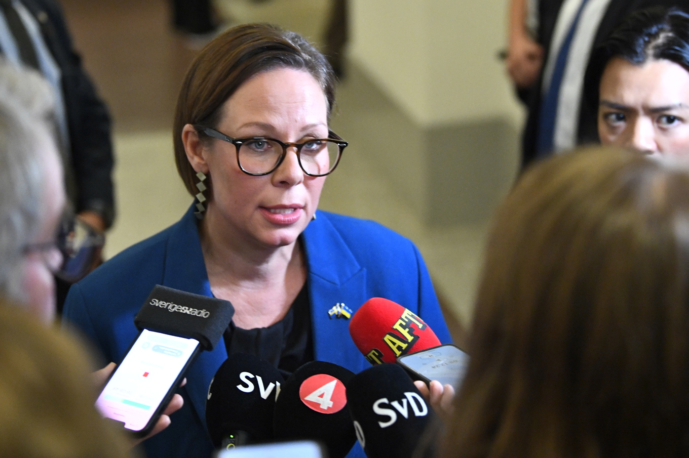 Utrikesminister Maria Malmer Stenegard (M) möter medier efter extramötet i utrikesutskottet. Foto: Lars Schröder/TT