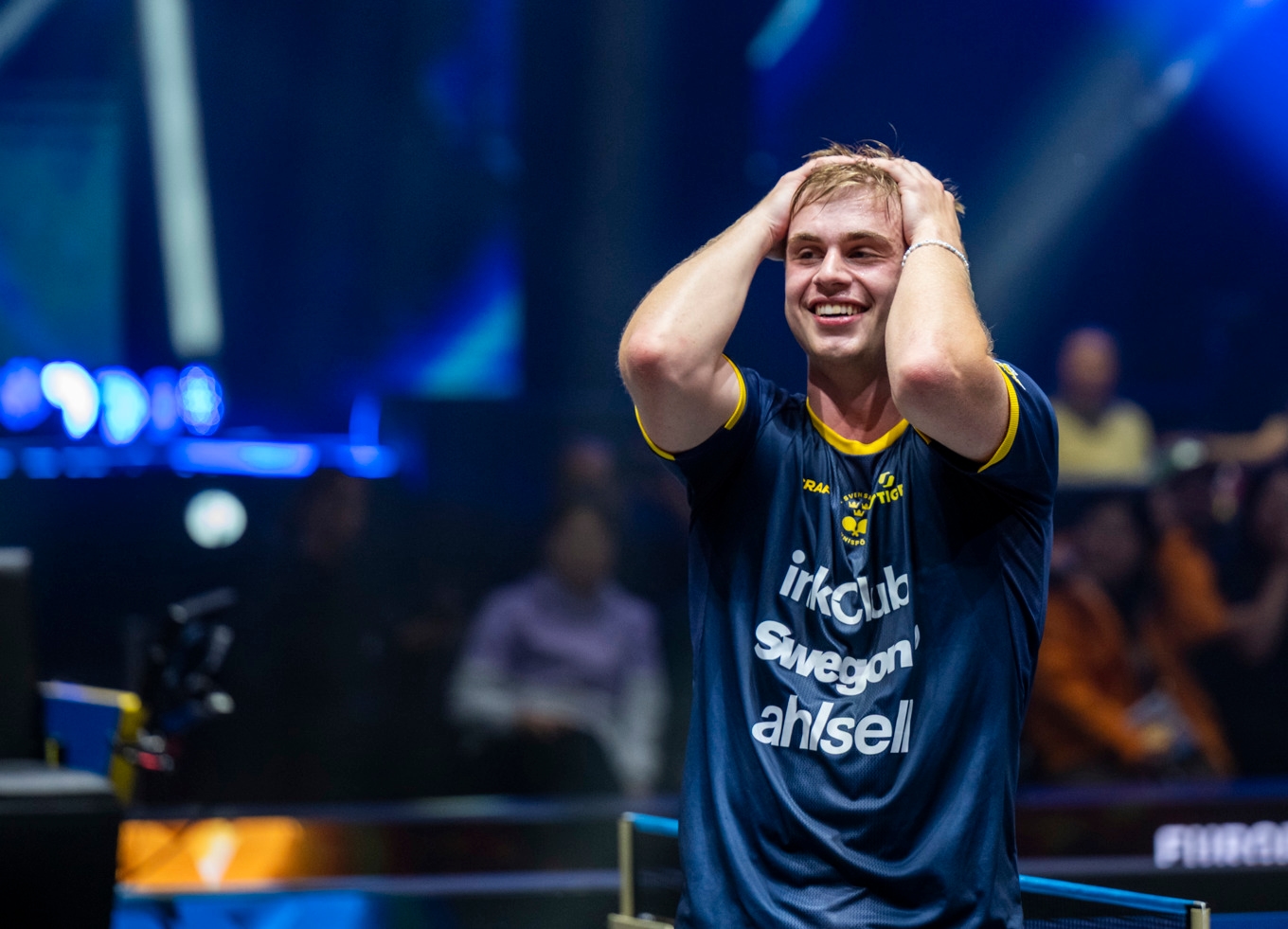 Truls Möregårdh när det stod klart att han vunnit finalen mot den kinesiske världsettan Lin Shidong i stortävlingen Europe Smash i Malmö arena. Foto: Johan Nilsson / TT
