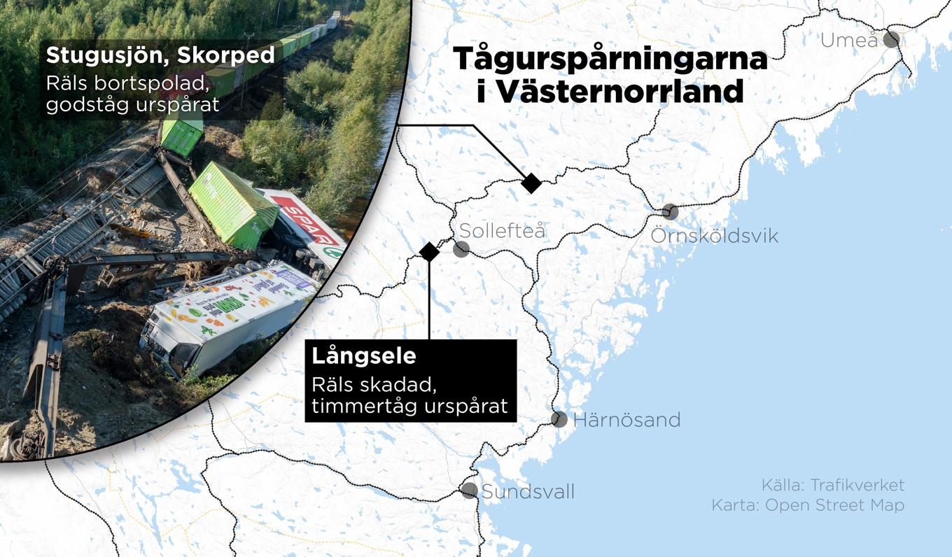 Två tåg har spårat ut i Västernorrland när spåren gått sönder efter kraftiga regn i området. Foto: Anders Humlebo/TT