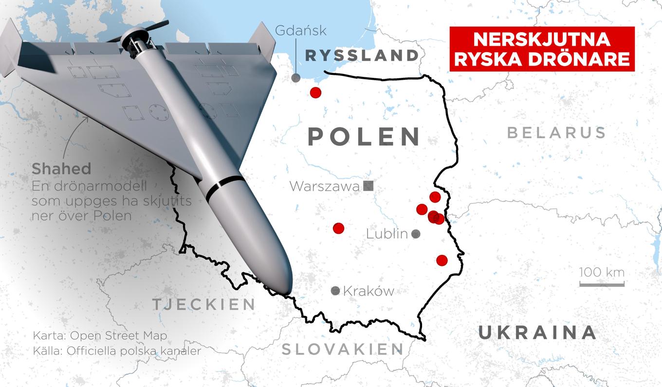 Ett tiotal ryska drönare har skjutits ner över Polen enligt officiella polska kanaler. Foto: Anders Humlebo/TT